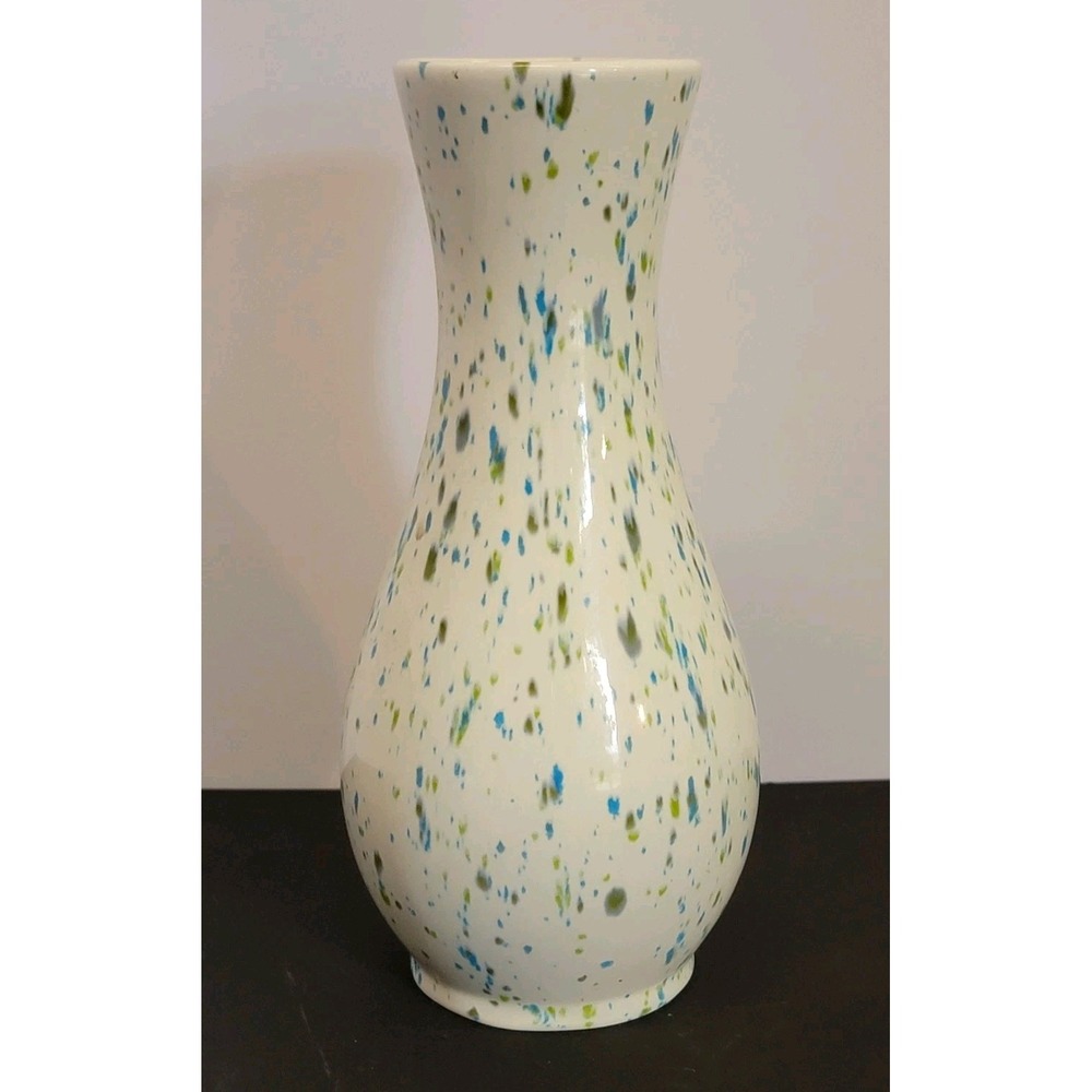 Vintage Ceramic Blue & Green Spatterware Bud Vase Hand Made Artists "bb" 10" MCM